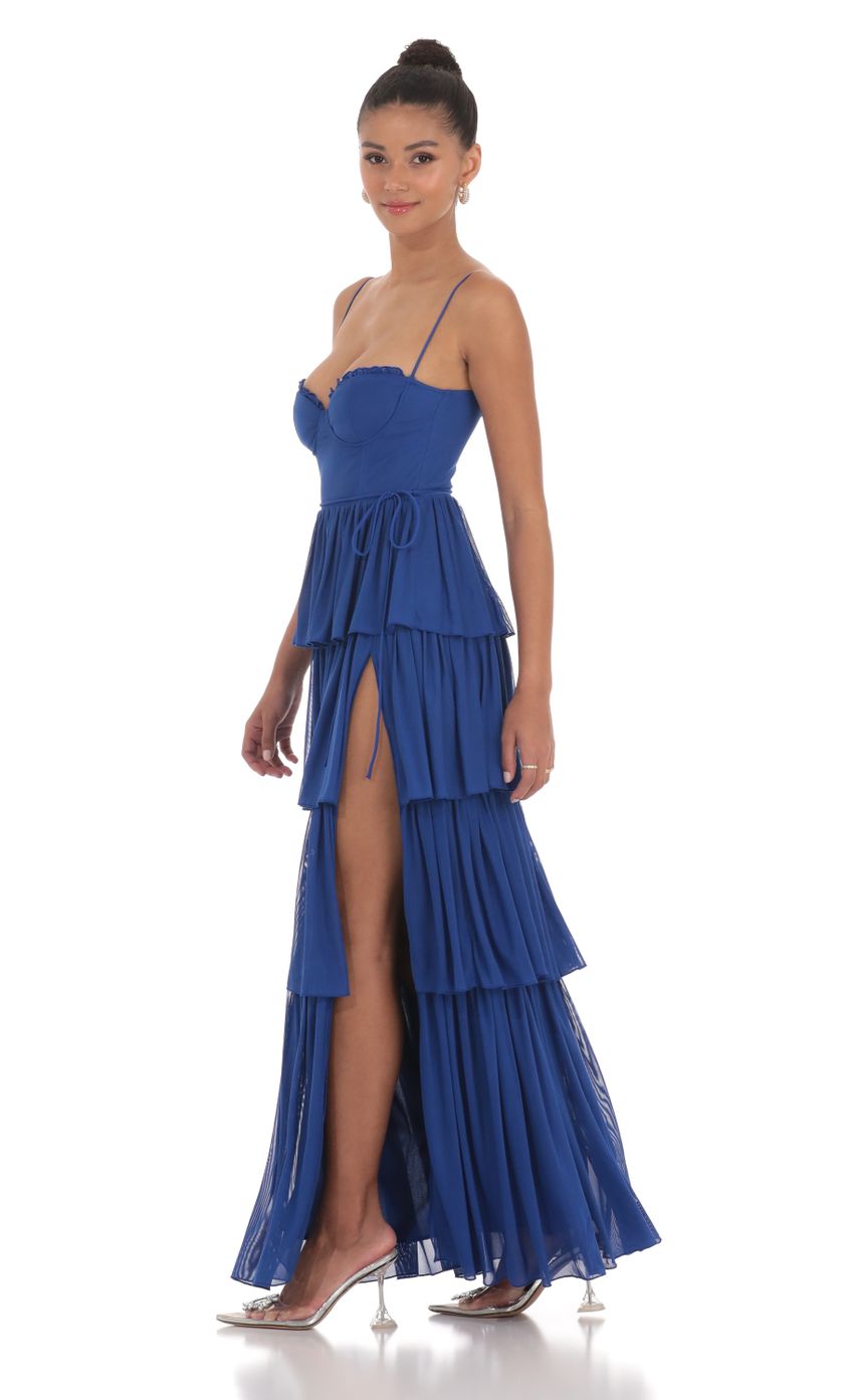 Mesh Ruffle Maxi Dress in Navy