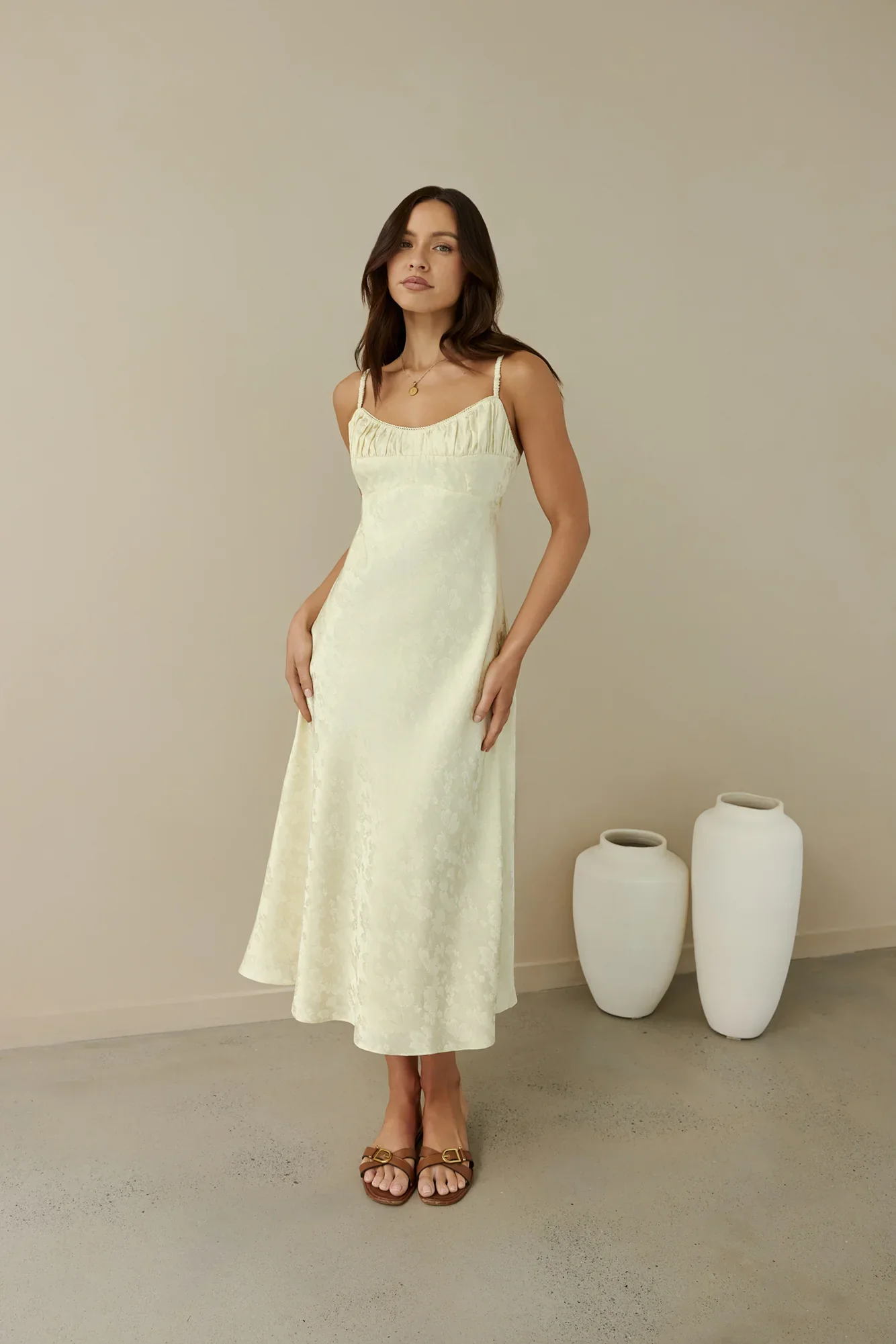 Kaiya Jacquard Satin Midi Dress Yellow