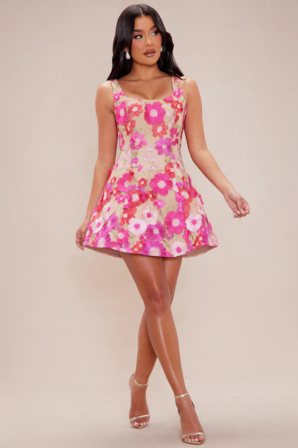 Flora Embroidered Mini Dress - Fuchsia/combo