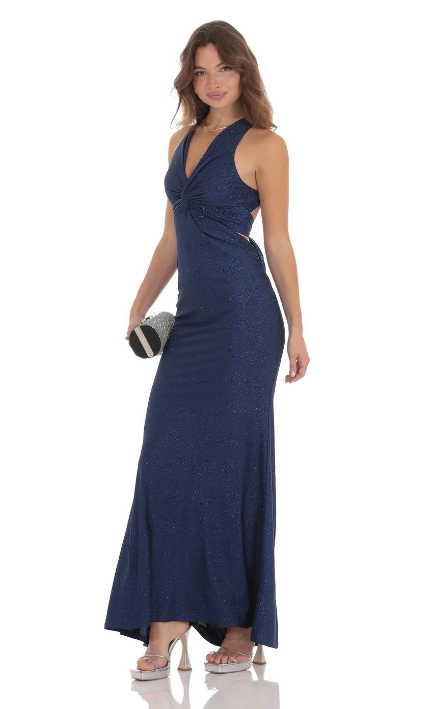Glitter Twist V-Neck Maxi Dress in Navy