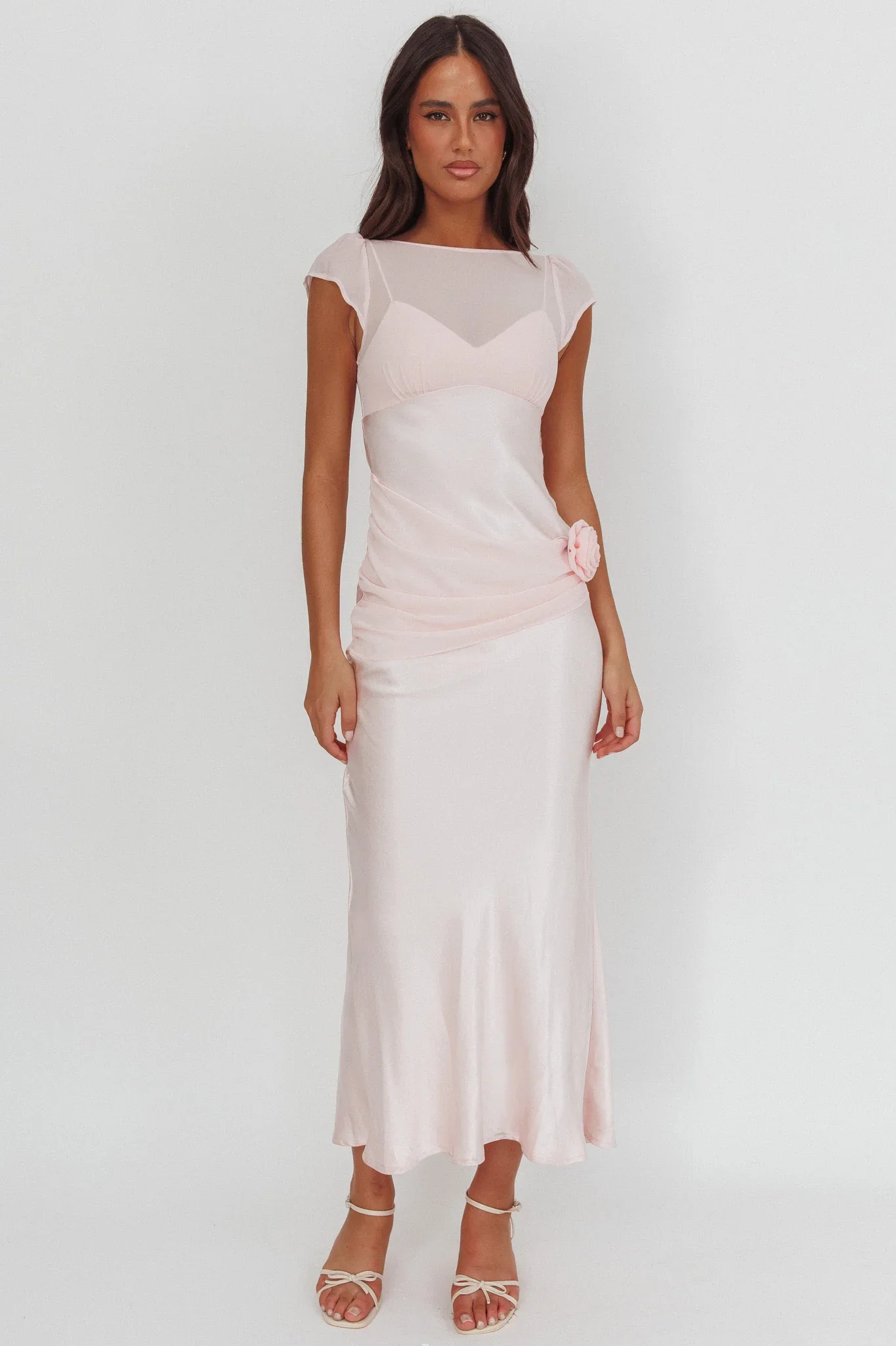 Enchanted Dusk Cap Sleeve Rosette Maxi Dress Pink