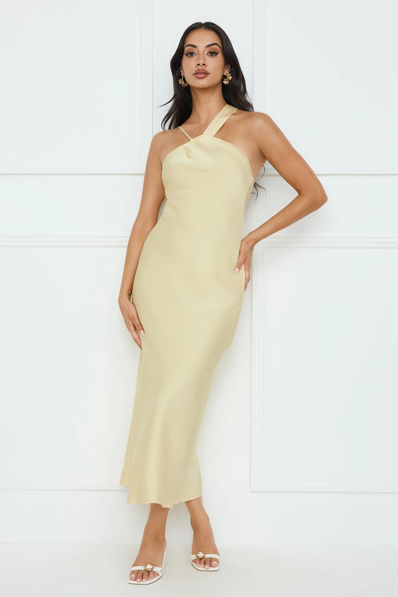 Whispering Palms Satin Midi Dress Yellow