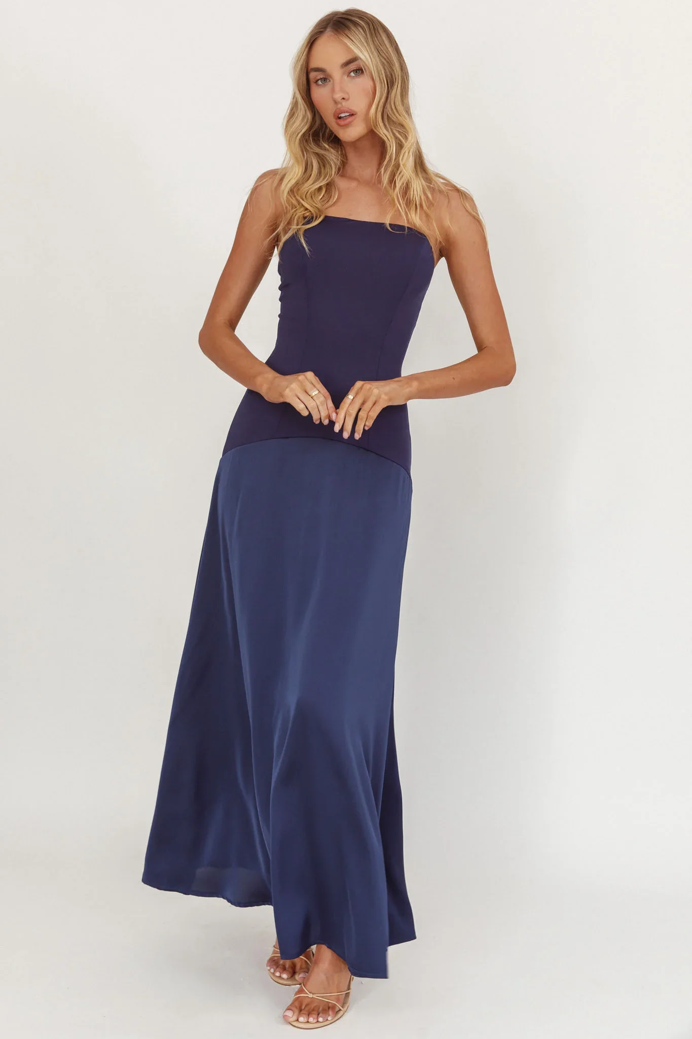 Star Avenue Strapless Drop Waist Maxi Dress Navy