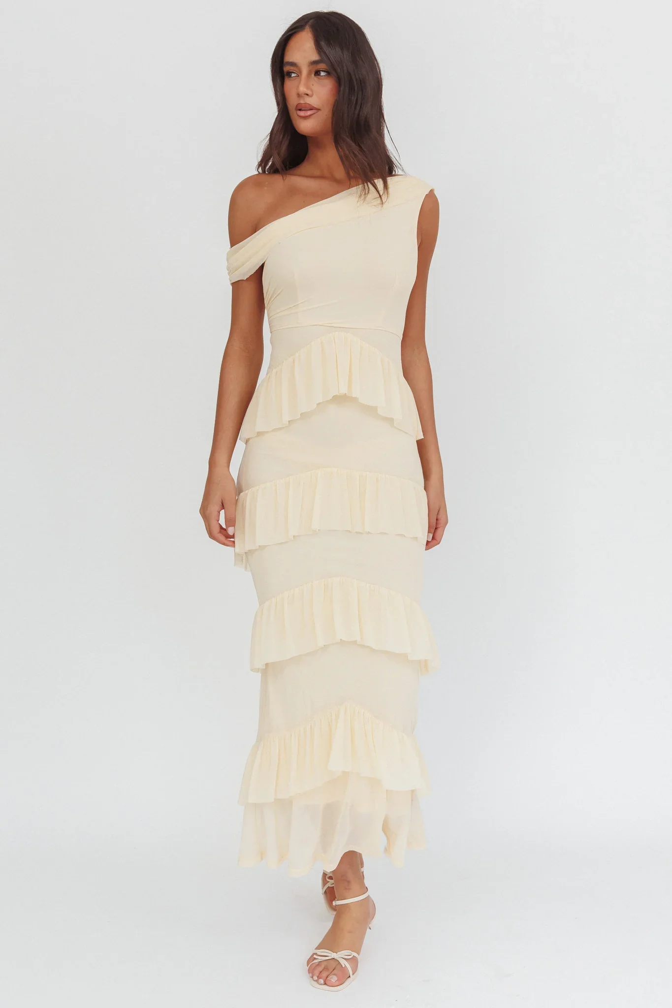 Anaisa Asymmetric Neckline Frill Maxi Dress Cream