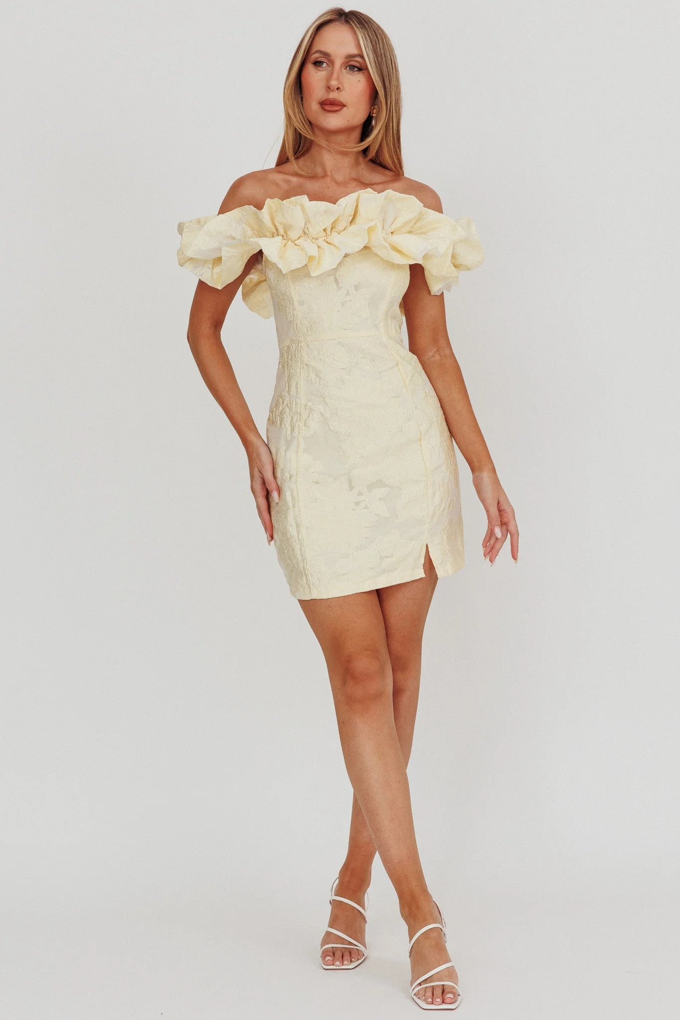 Memoire Off-Shoulder Jacquard Mini Dress Lemon