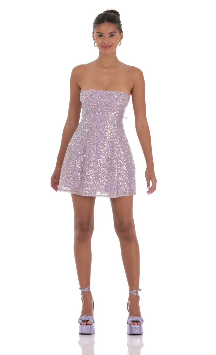 Sequin Glitter Strapless Fit and Flare Dress in Lilac
