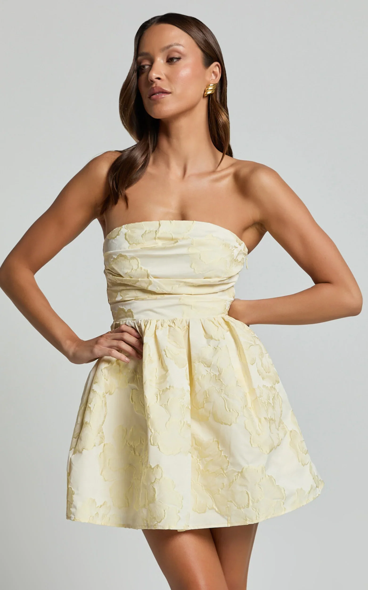 Laure Mini Dress Strapless Jacquard Dress in Lemon