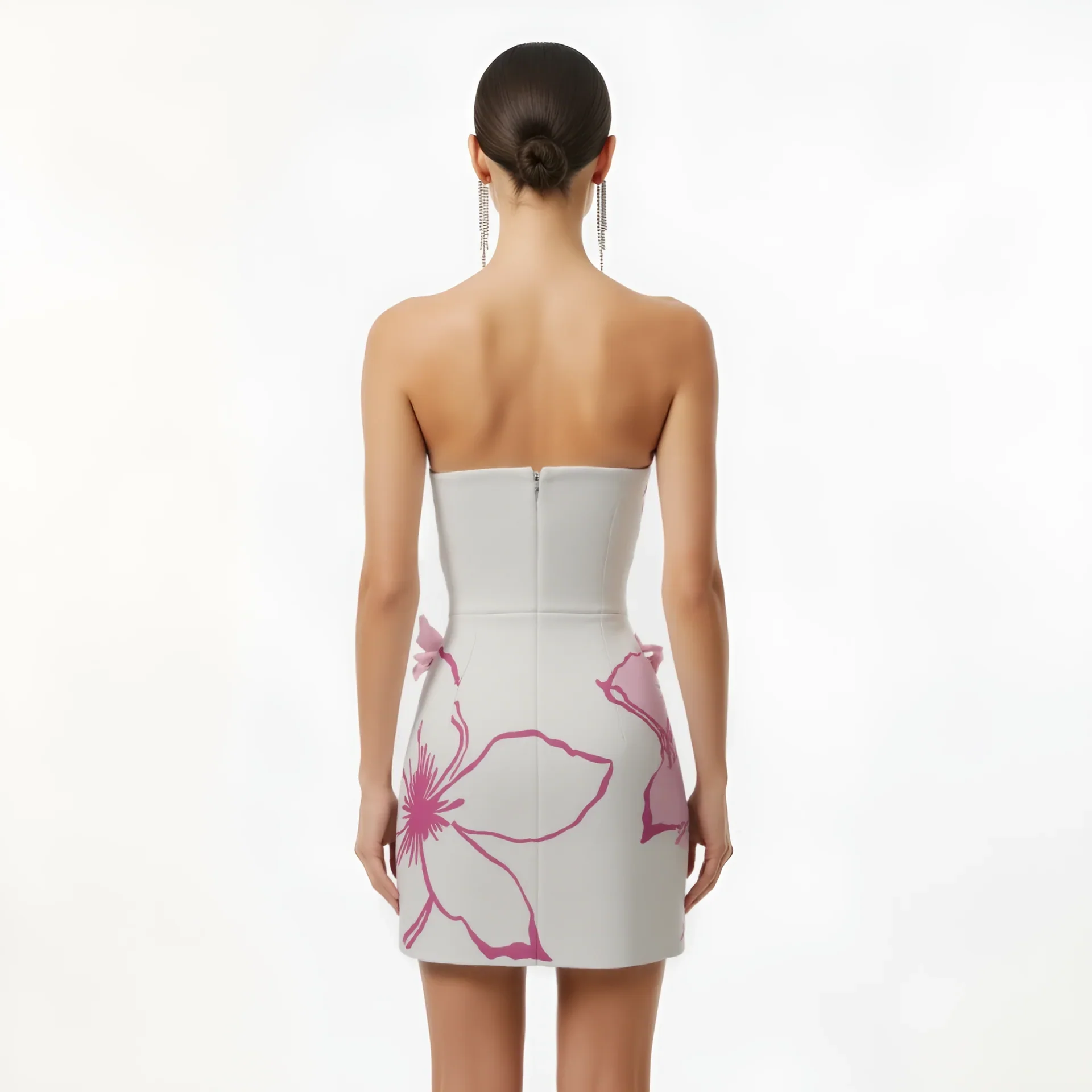 Mini Dress with Pink Floral Appliqués - White/Pink