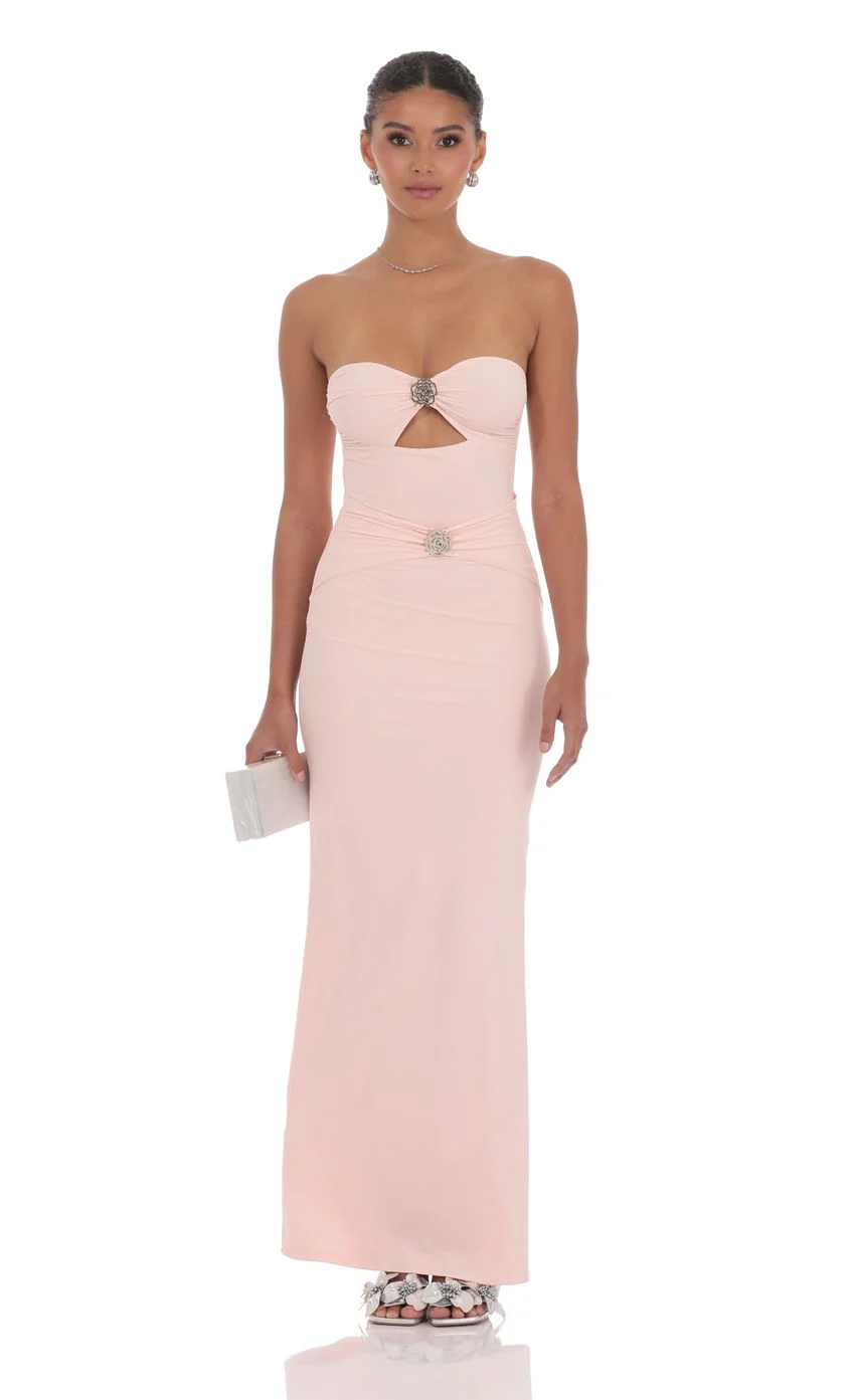 Silver Rose Cutout Maxi Dress in Pink