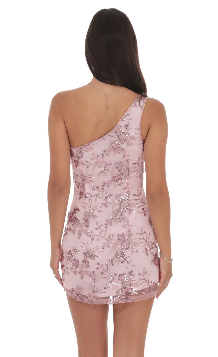 Floral Sequin One Shoulder Dress in Pink