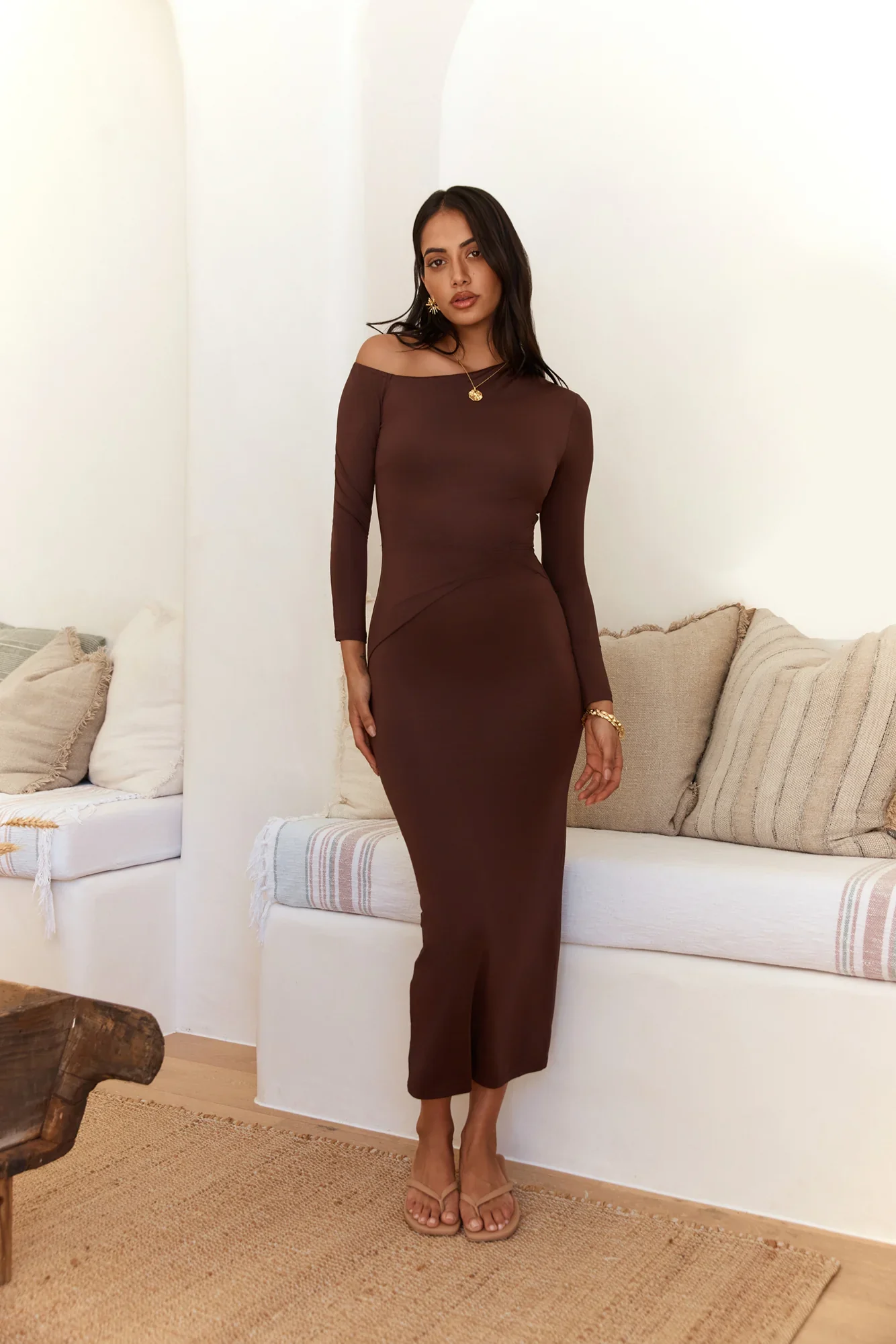 Winter Goddess Off Shoulder Long Sleeve Maxi Dress Brown