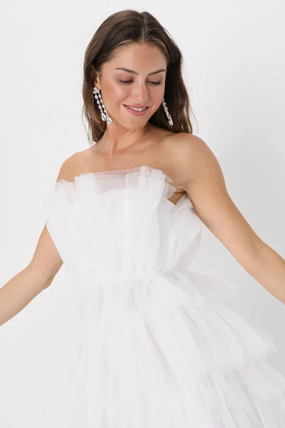 Tulle Intentions White Strapless Tiered Tulle Mini Dress