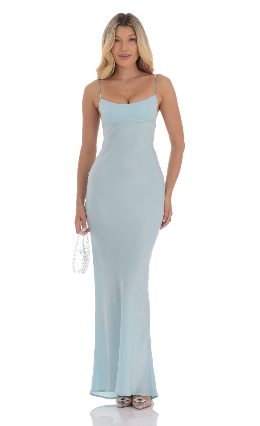 Satin Open Back Maxi Dress in Light Blue