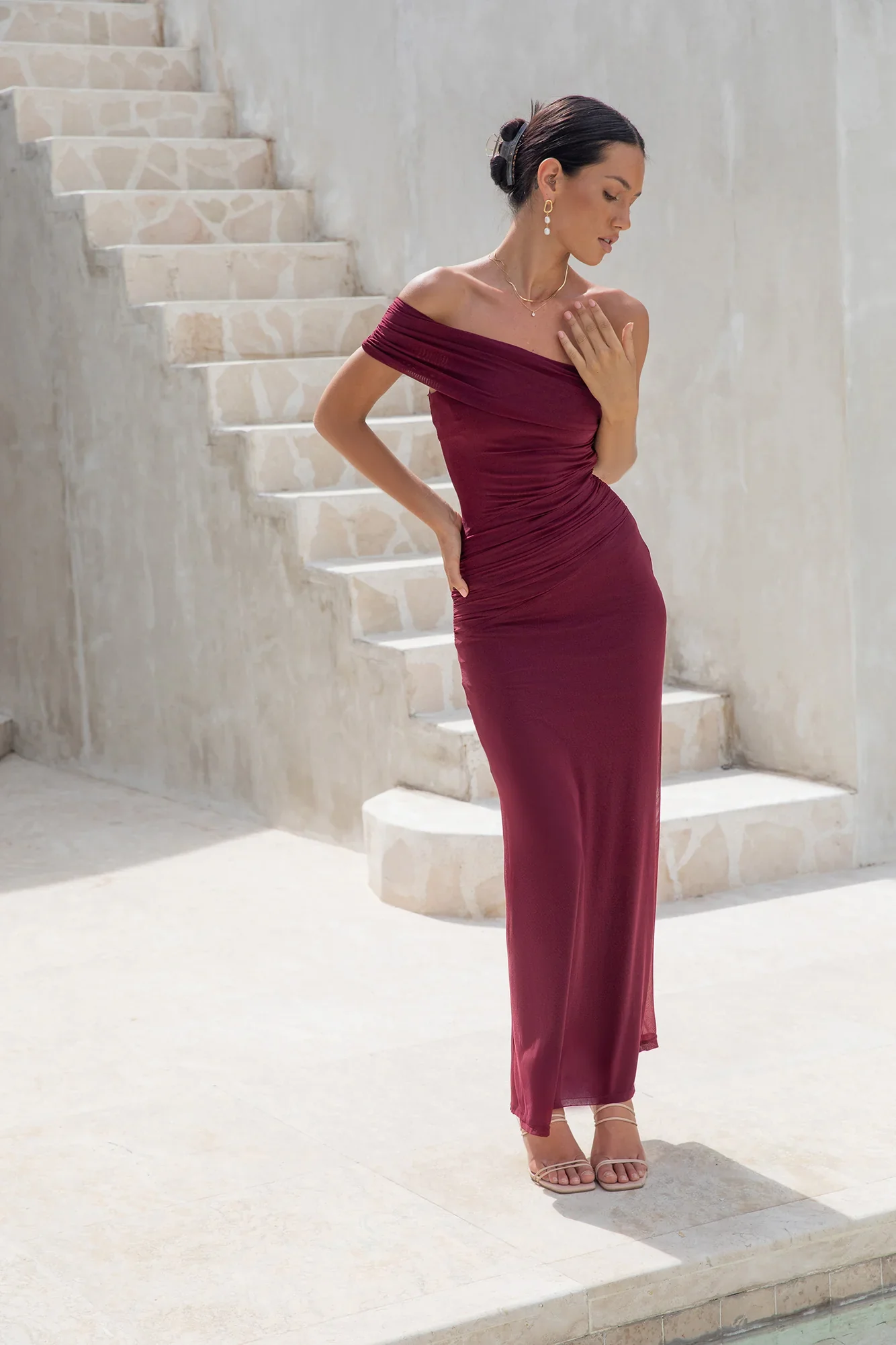 Dahlia One Shoulder Mesh Maxi Dress Maroon