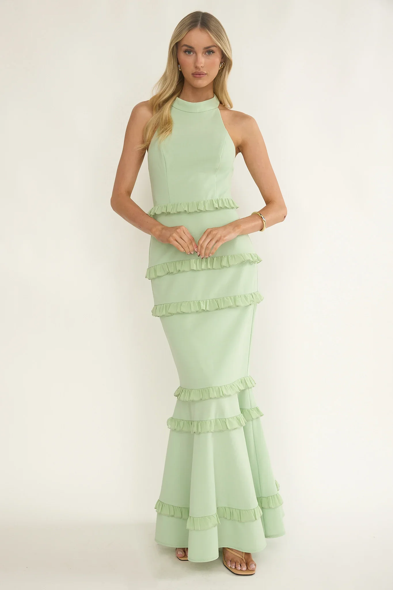 Haze Frill Trim Halterneck Maxi Dress Sage