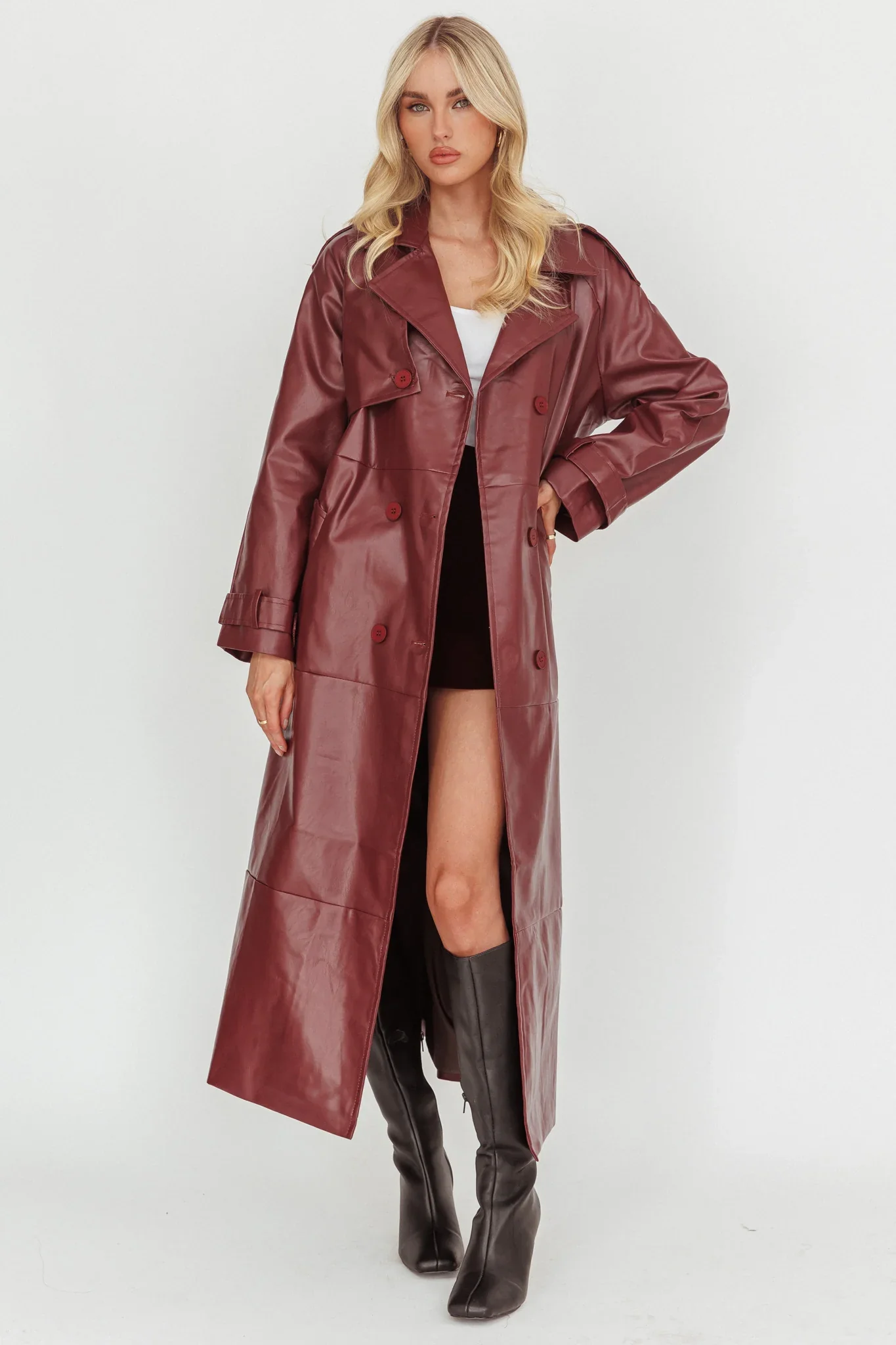 Lyora Longline Faux Leather Trench Coat Burgundy
