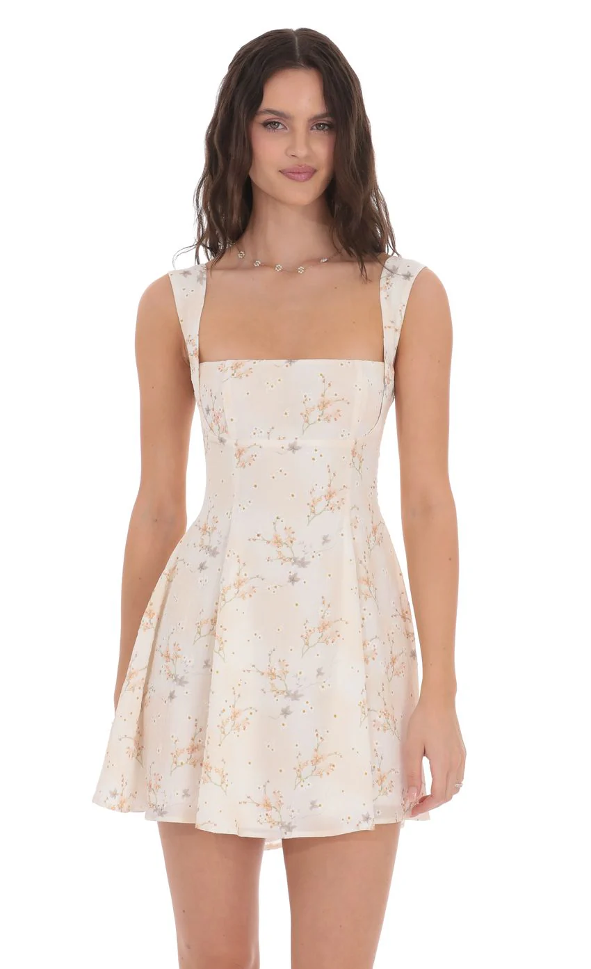 Floral Fit and Flare Dress in Cream Swirl
