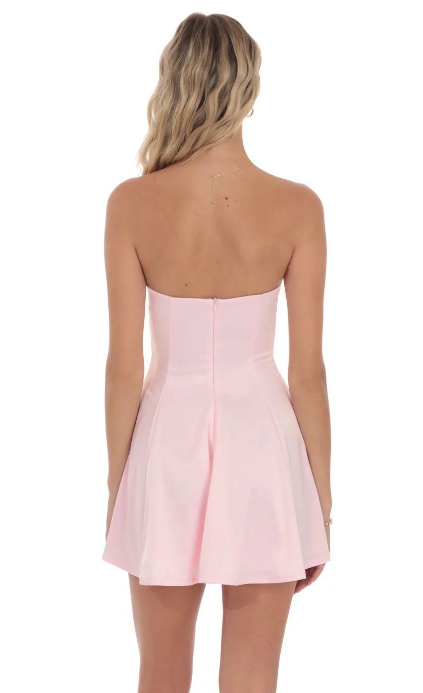 Strapless Satin Fit and Flare Dress in Pink