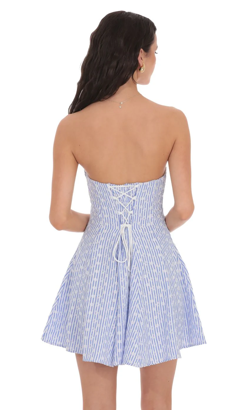 Striped Floral Strapless Dress in Blue and White