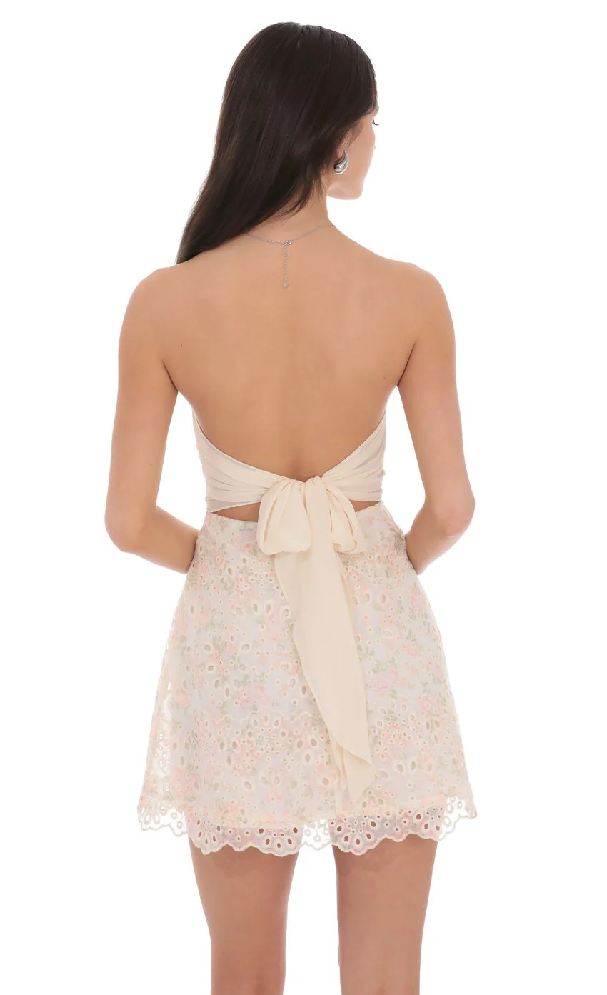 Eyelet Floral Strapless Dress in Cream