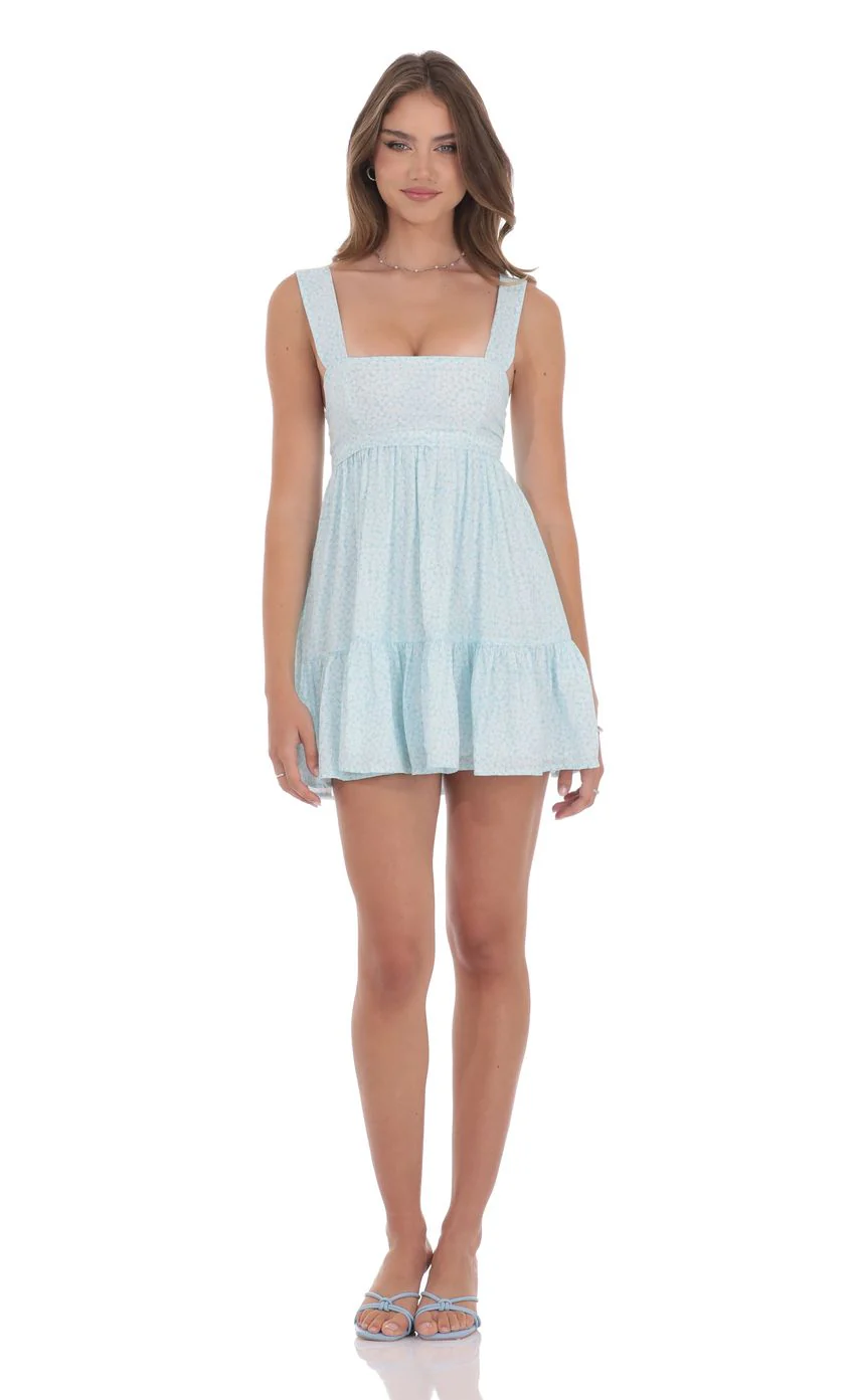 Floral Square Neckline Babydoll Dress in Blue and White