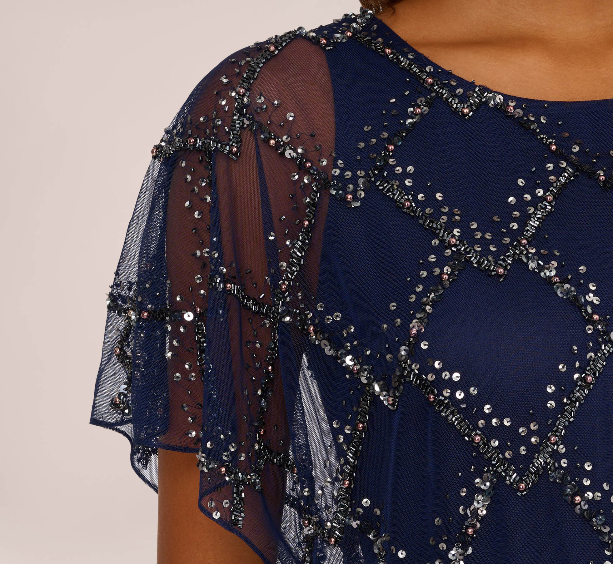 Hand-Beaded Blouson Long Gown With Flutter Sleeves In Light Navy