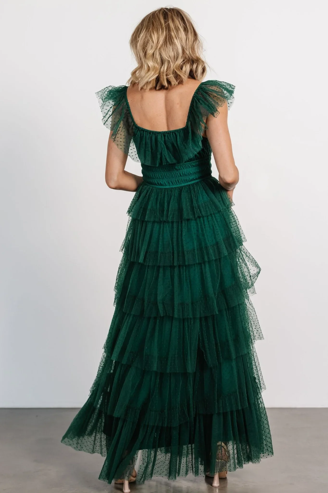 Valora Swiss Dot Tulle Maxi Dress | Dark Green