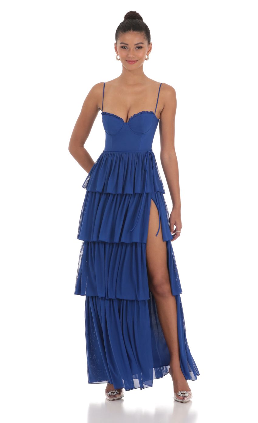 Mesh Ruffle Maxi Dress in Navy