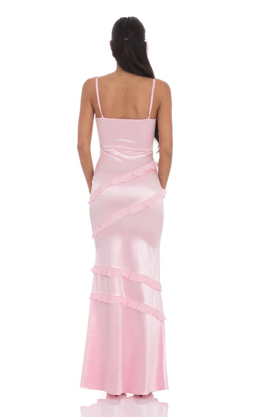 Satin V-Neck Ruffle Mermaid Maxi Dress in Pink