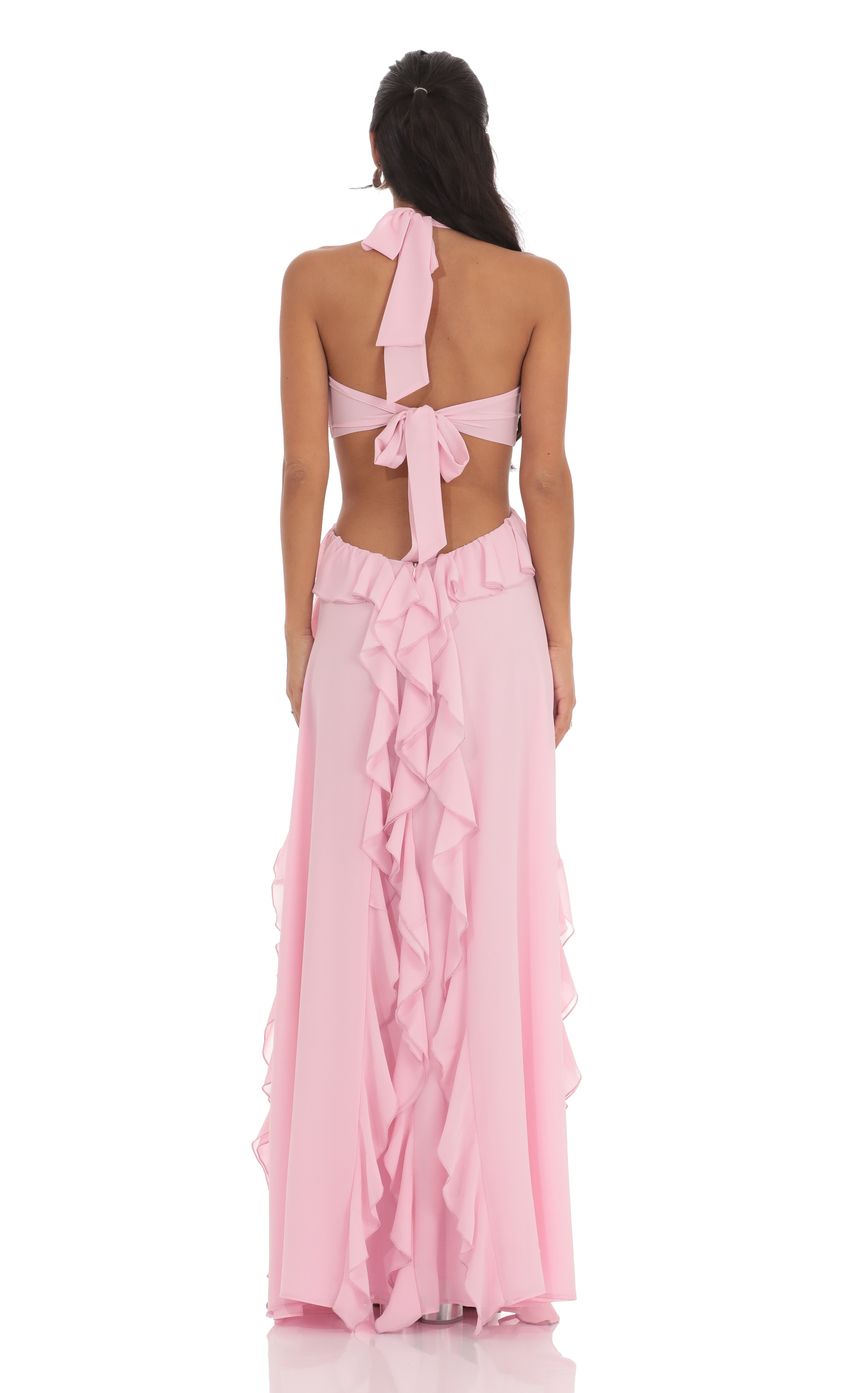 Chiffon Cutout Ruffle Maxi Dress in Pink