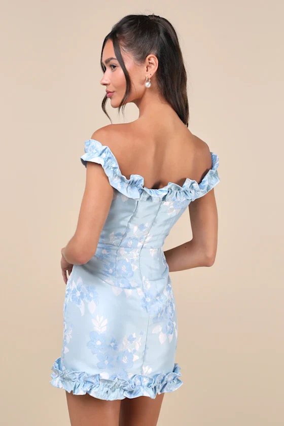 Pop the Bottle Light Blue Floral Jacquard Ruffled Mini Dress