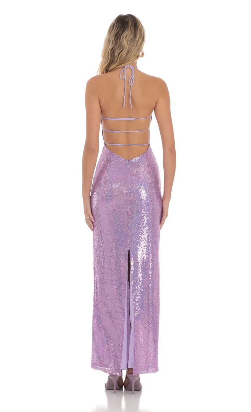 Sequin Halter Maxi Dress in Lavender