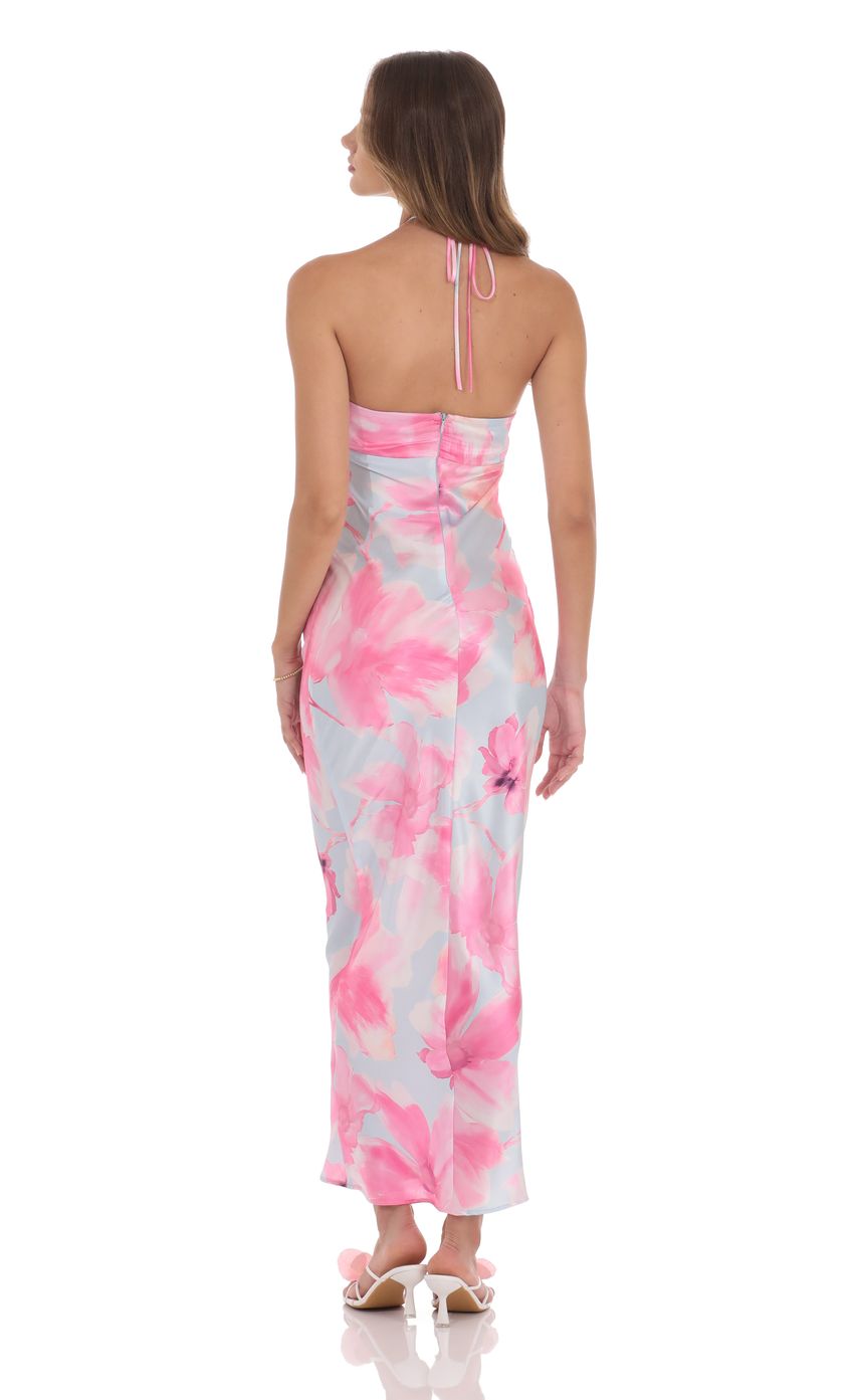 Satin Floral Halter Maxi Dress in Pink and Blue