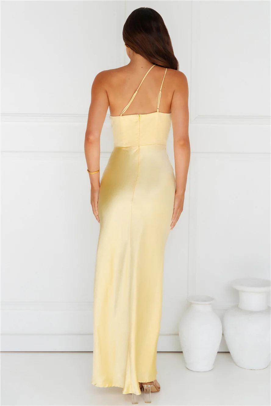 Show You Love One Shoulder Satin Maxi Dress Yellow