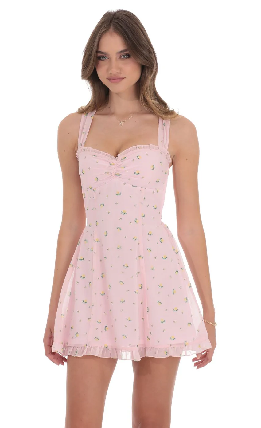 Floral Strappy Back Bows Dress in Pink