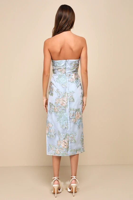 Upgraded Event Blue Jacquard Strapless Bustier Midi Dress