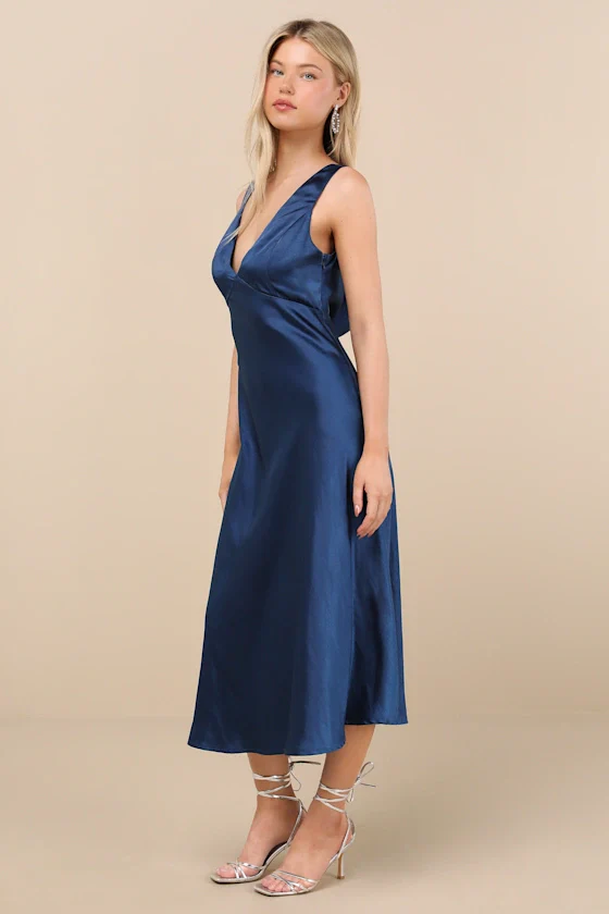 Incredible Love Navy Satin Cowl Back Midi Slip Dress