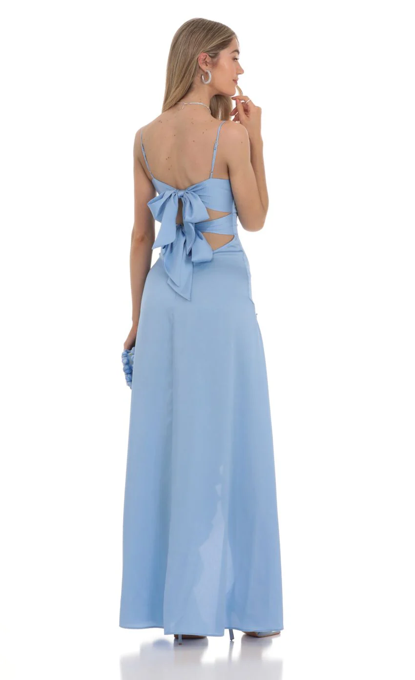 Satin Front Twist Strappy Maxi Dress in Blue