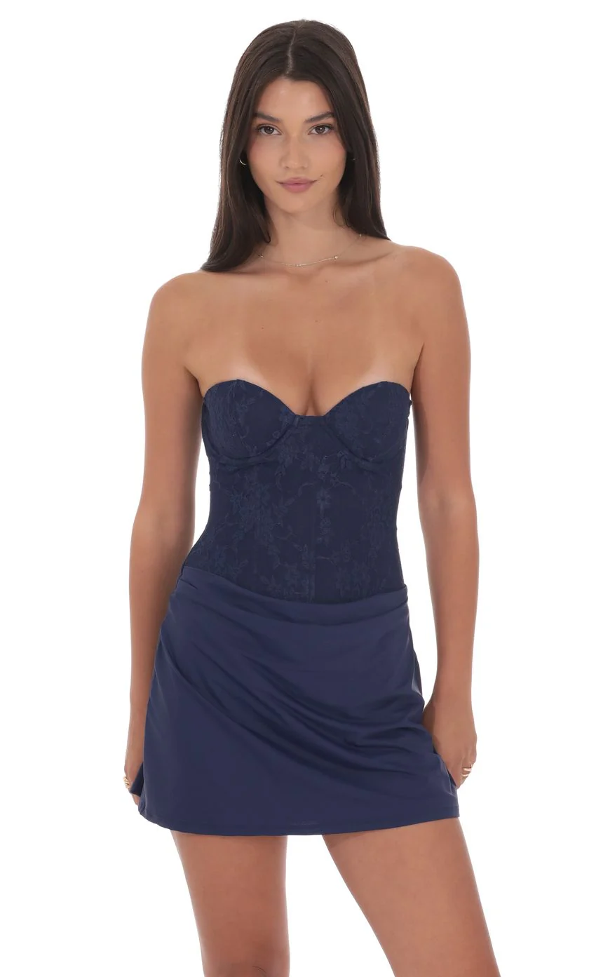 Draped Waist Lace Corset Dress in Navy