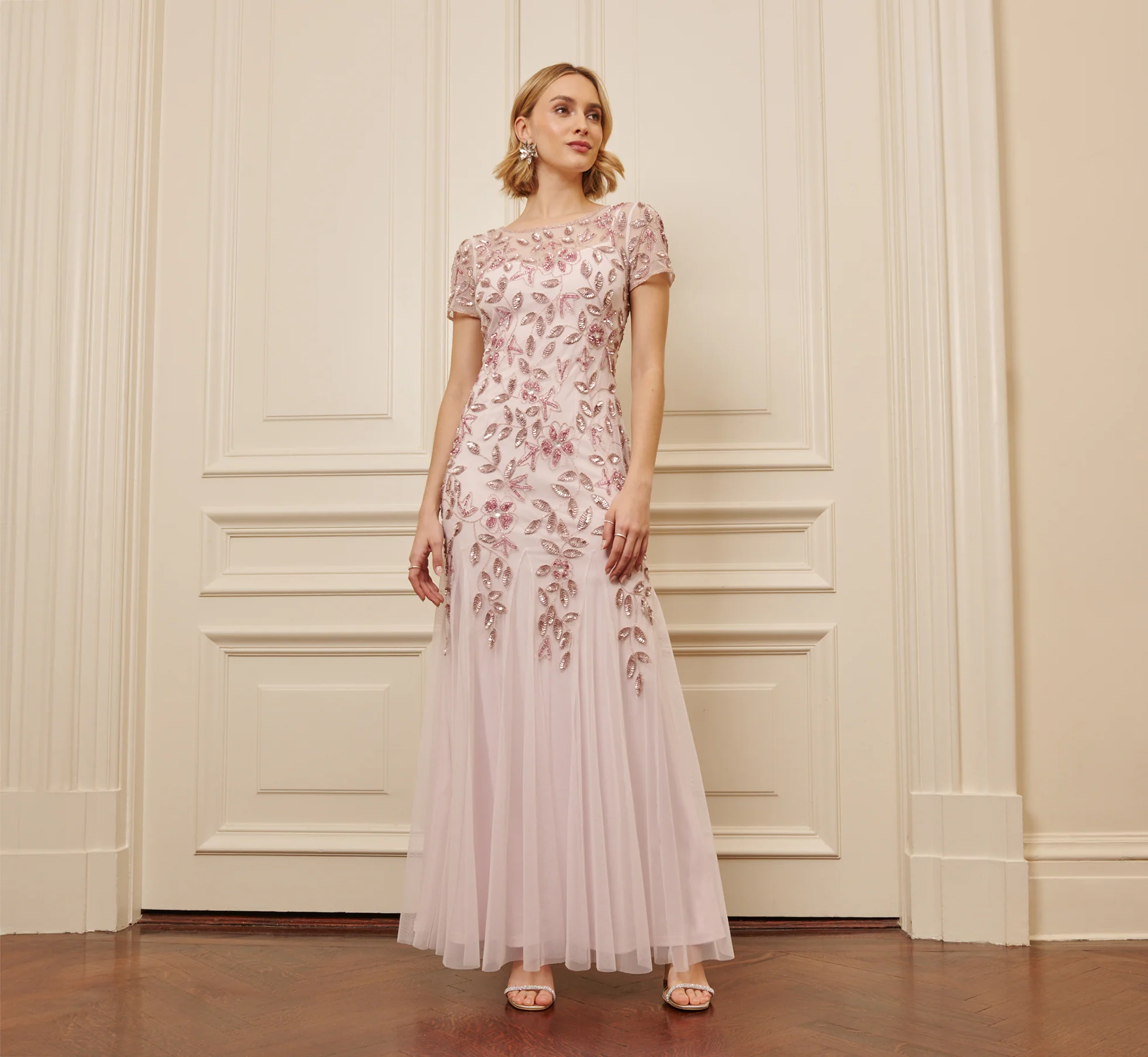 Hand Beaded Short Sleeve Floral Godet Gown In Blush Pink