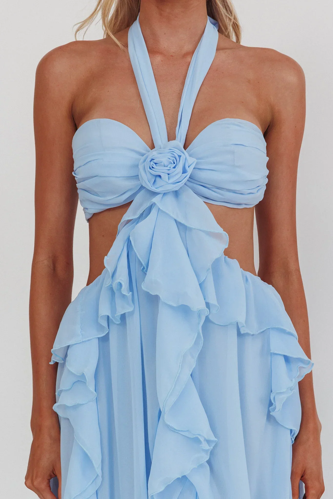 Santiago Cut-Out Ruffle Maxi Dress Ice Blue