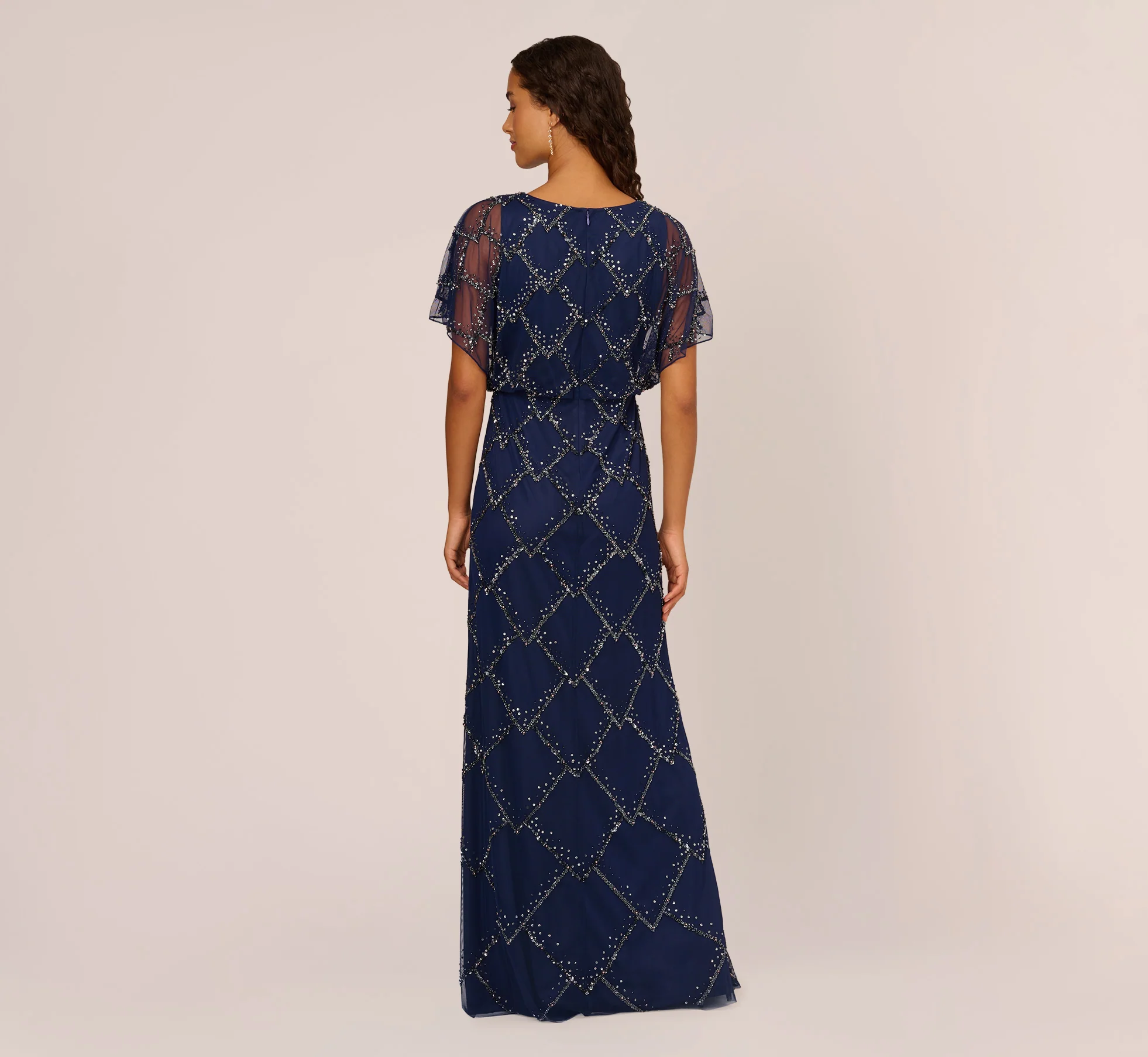 Hand-Beaded Blouson Long Gown With Flutter Sleeves In Light Navy