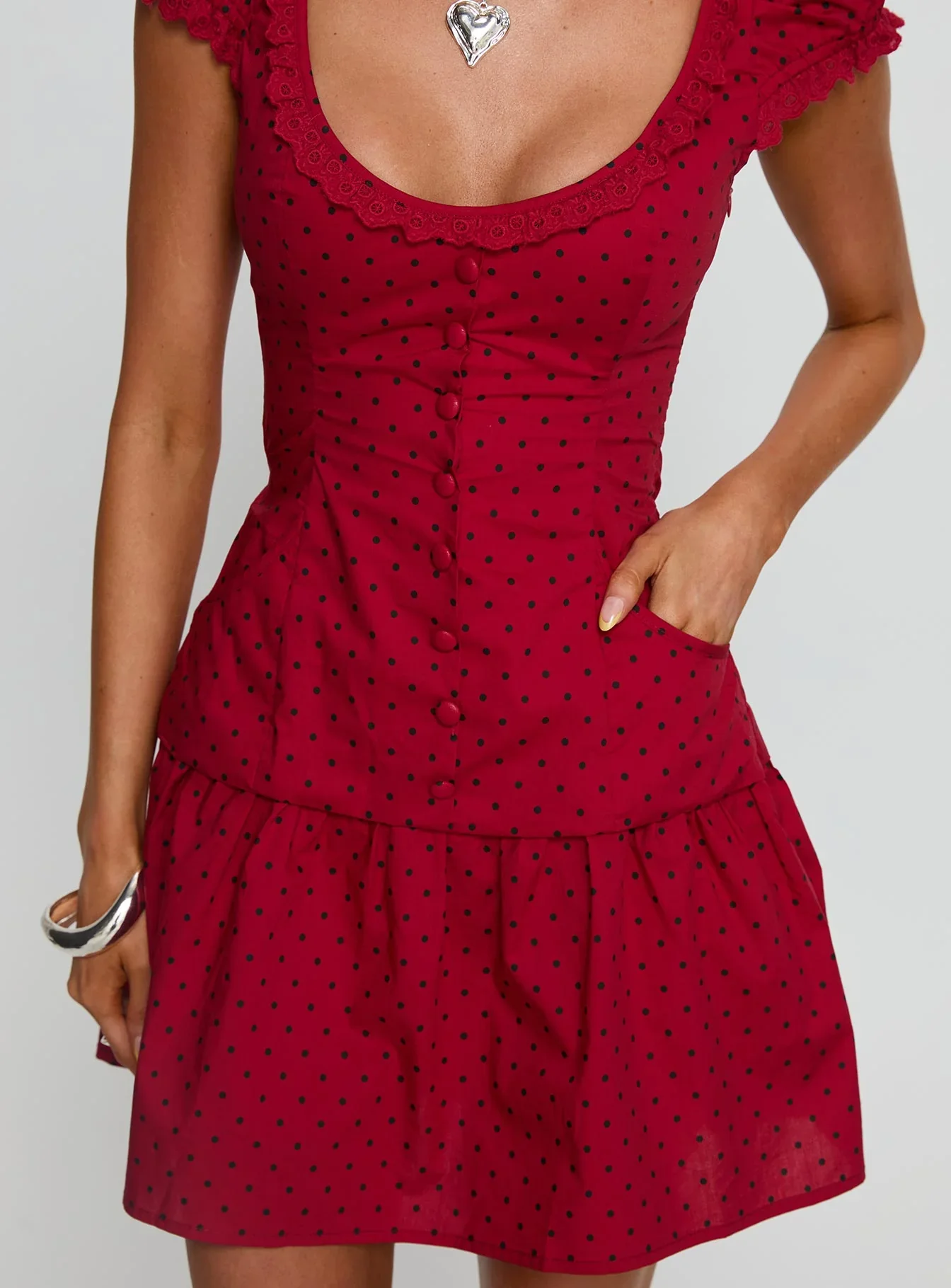 Ottillie Lace Trim Button Down Mini Dress Red Polka Dot