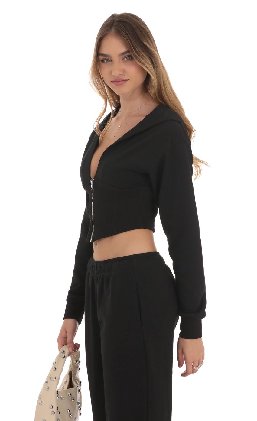 Cropped Pointed Hoodie Sports Suit in Black