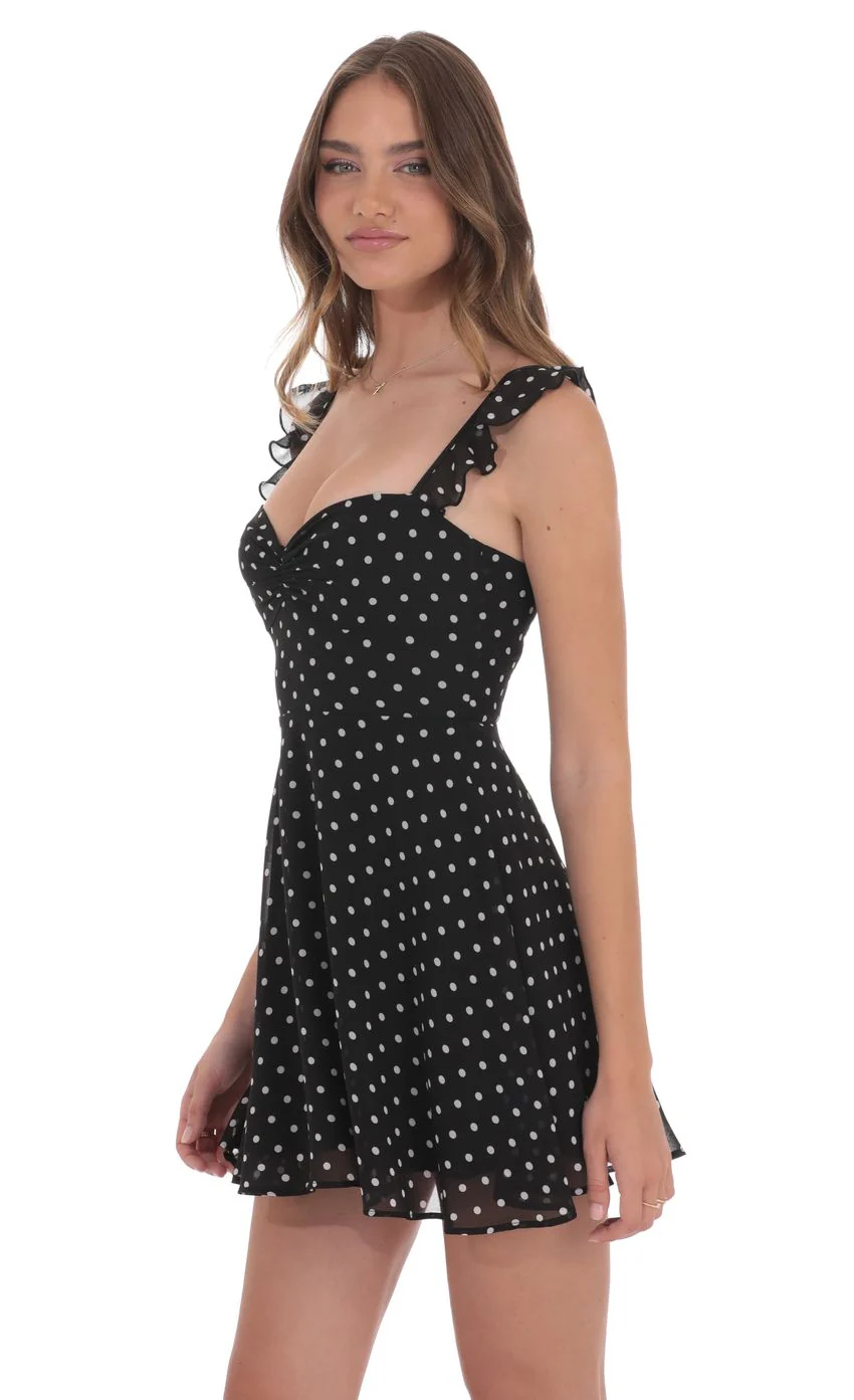 Polka Dot Ruffle Strap A-Line Dress in Black