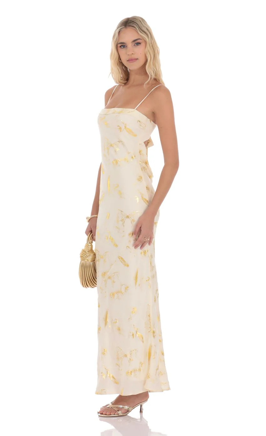 Butterfly Foiled Open Back Maxi Dress in Cream
