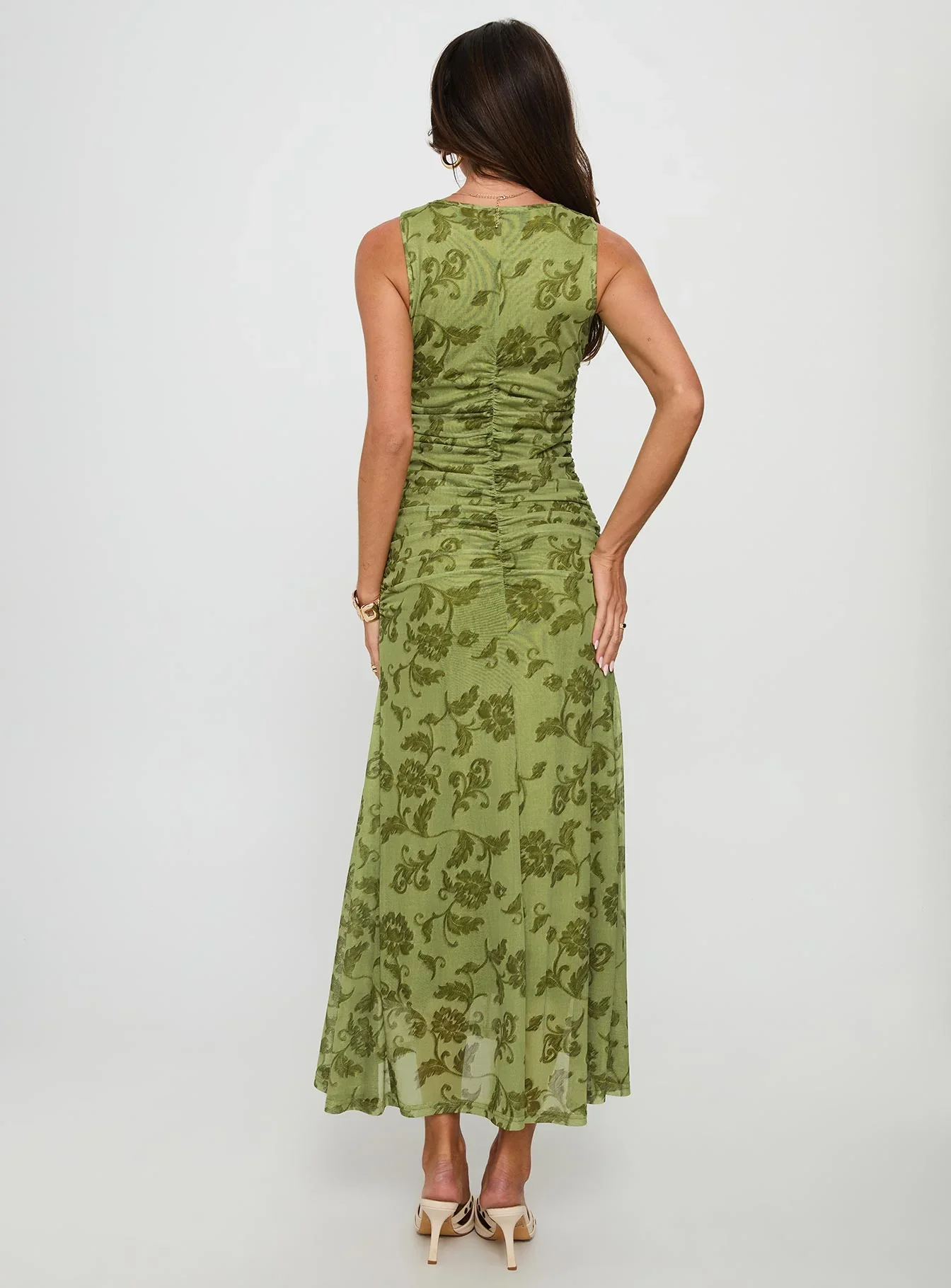 Stefanya Gathered Maxi Dress Green Floral