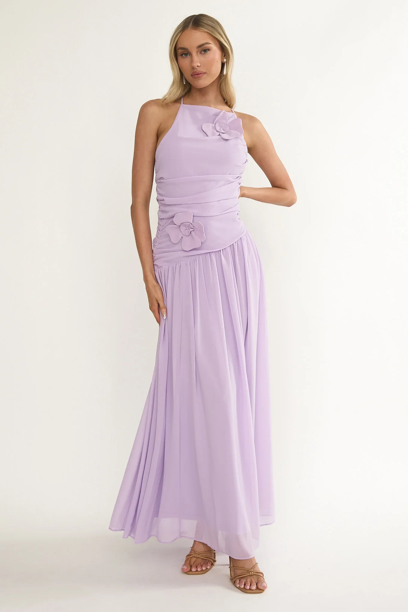 Brighten Drop Waist Flower Accent Maxi Dress Lilac