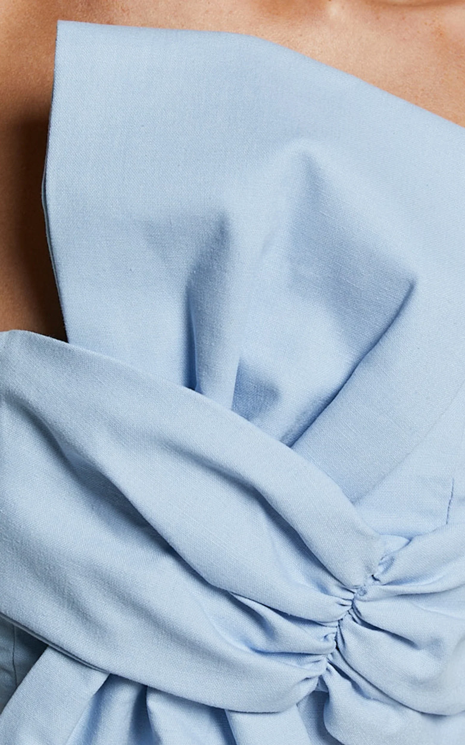 Chika Mini Dress Linen Strapless Front Bow Dress in Pale Blue