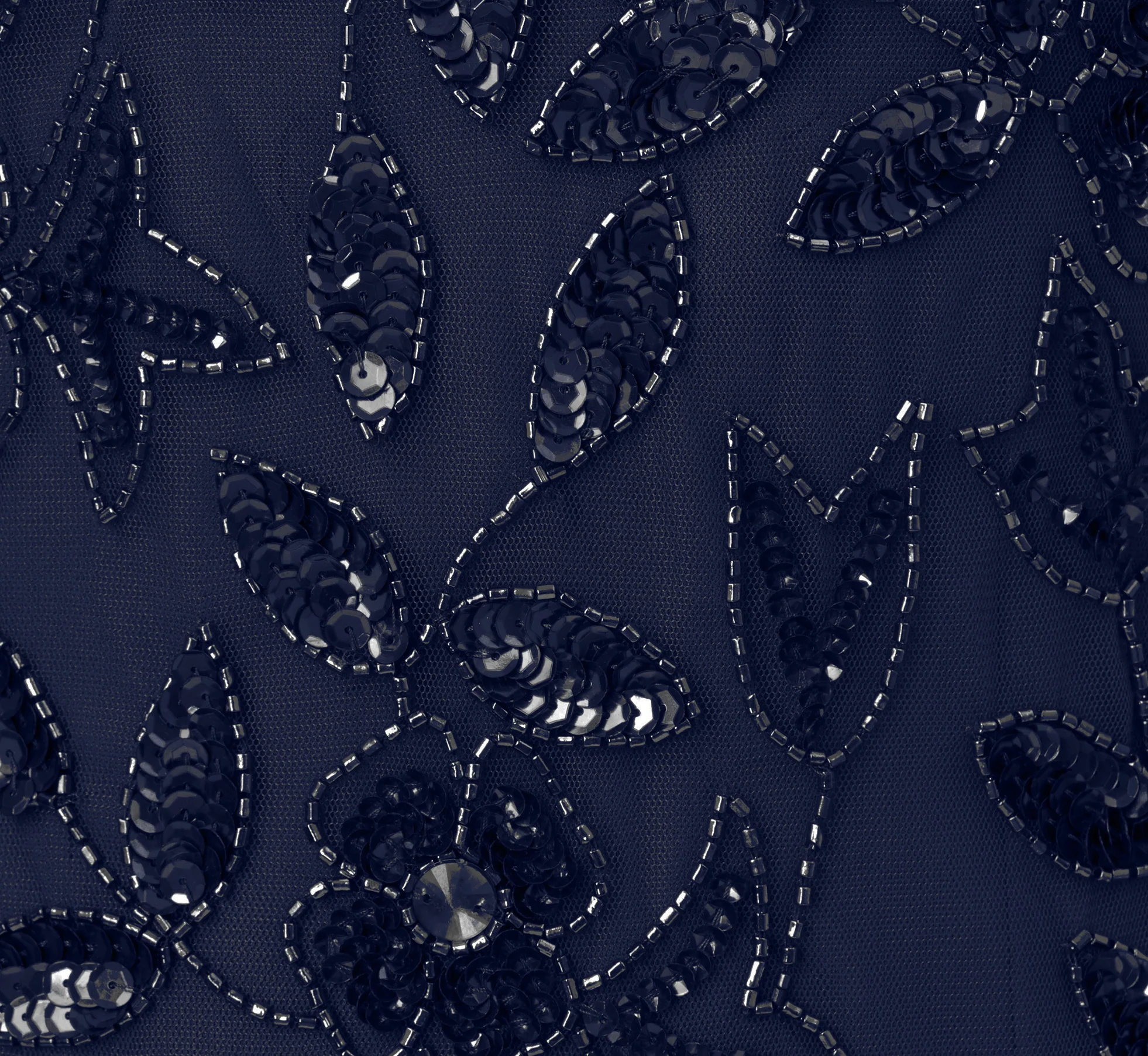 Hand Beaded Short Sleeve Floral Godet Gown In Light Navy